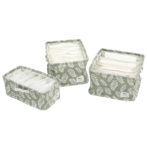 Image of House of Quirk Cotton Linen Set Of 3 Underwear Organizer Set - 5 /6 /9-Compartment Dividers For Closet & Drawer (Green Meadow), Clothing