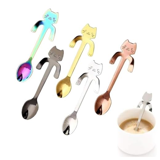 5 Pièces Cuillère à Café En Forme De Chat, Cuillère à Café en Acier Inoxydable à Café Suspendue Cuillère à Thé Cuillère à Café Mignon cuillères à café pour Thé, Lait, Milk Shake, Dessert(5 Couleurs)