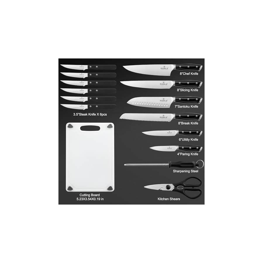 N NOBLE FAMILY Knife Set with Block, 16Pcs Kitchen Knives Drawer Organizer Set with Sharpener, Cutting Board, Anti-Slip Chef Knives Set with 6Pcs Steak Knives, Black