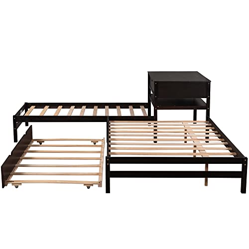 Lepfun L Shaped Platform Bed With Trundle And Drawers, Wooden Twin And Full Corner Bed Frame Linked With Built-In Desk For 3 People, Espresso #TOP5