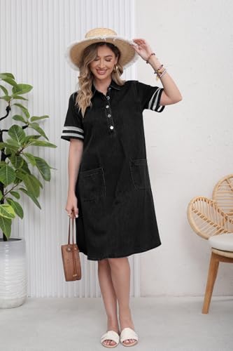 Image of utcoco Denim Dress for Women 2026 Casual Tulle Short Sleeve Button Jean Midi Dress with Pockets