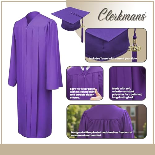 Image of CLERKMANS Unisex Matte Graduation Cap Gown Tassel Package, High School and University
