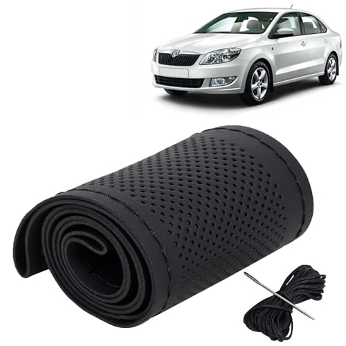 Image of KINGSWAY PU Leatherite Car Steering Cover Sewable Compatible with Skoda Rapid (Year 2011-2016), Black Color with Black Thread, Pack of 1 with Sewing Needle and Thread