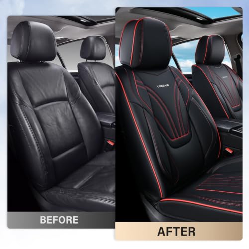 Image of Coverado Car Seat Covers Full Set, 5 Piece Car Seat Protector with Lumbar Support & Removable Headrest, Breathable Leather Front Rear Seat Cushion Universal Fit for Truck Automotive Black & Red