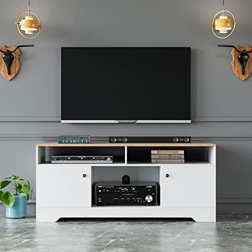 HOCSOK-Mueble-TV-Salon-para-Pantalla-de-41-Pulgadas-Mesa-de-Television-con-2-Puertas-y-3-Estantes-para-Almacenamiento-de-Madera-Blanco-105x40x52cm