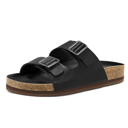 Image of ZURIN Genuine Leather Sandals for Women,Cork Footbed Slide Platform Sandals with Arch Support, Suede Double Buckle Slip On Slides for Summer Beach Walking Indoor Outdoor