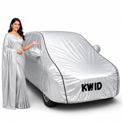 Image of Waterproof Car Body Cover for Kwid All Weather Protection Comes with Inner Cotton Lining & Triple Stitched with Mirror & Antenna Pocket Belt & Elastic Fit Metallic Silver with Black Piping1