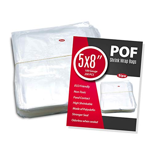 SIPA 5x8 inch 200PCS 100 Gauge POF NON-VENTING HOLE Shrink Wrap Bags Odorless for Soaps, Bath Bombs,...