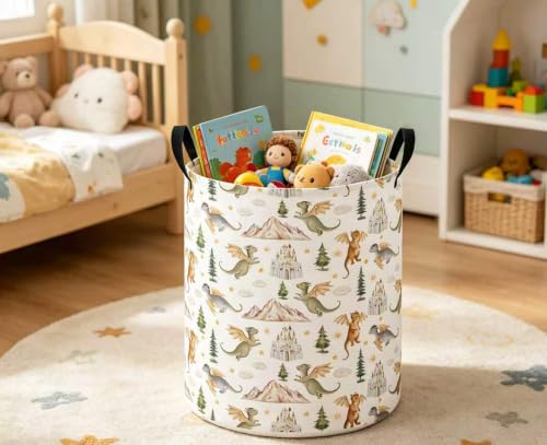 Image of Baby Laundry Hamper Basket Baby Hamper for Nursery Boy and Girl Cute Storage Bin Organizer Boho Room Decor(Castle Dinosaur)