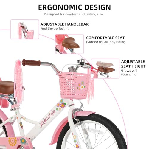 Image of JOYSTAR Little Daisy Kids Bike for Girls Boys Ages 2-10 Years, 12 14 16 20 Inch Girls Bikes with Doll Bike Seat & Streamers, Boys Bike with Flag & Number Plate, Multiple Colors
