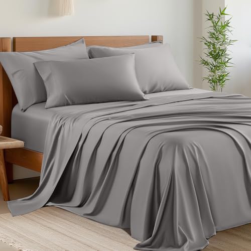 Image of Shilucheng 6 Piece Full Sheet Sets, Cooling Sheets, Blend Rayon Derived from Bamboo, Deep Pocket Up to 16 inch, Breathable & Soft Bed Sheets, Hotel Silky Bedding Set, Grey