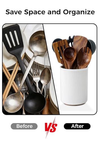Image of LoeJan 6.7 inch Utensil Holder, Ceramic Kitchen Utensil Holder with Cork Bottom, Large Utensil Crock for Countertop, Vintage Cooking Tool Organizer Set for Kitchen Counter Decor(White)