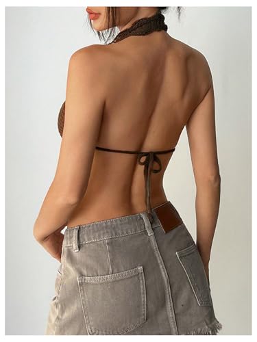 MakeMeChic Women's Crochet Tie Front Halter Tops Open Back Sleeveless Y2k Crop Tops3