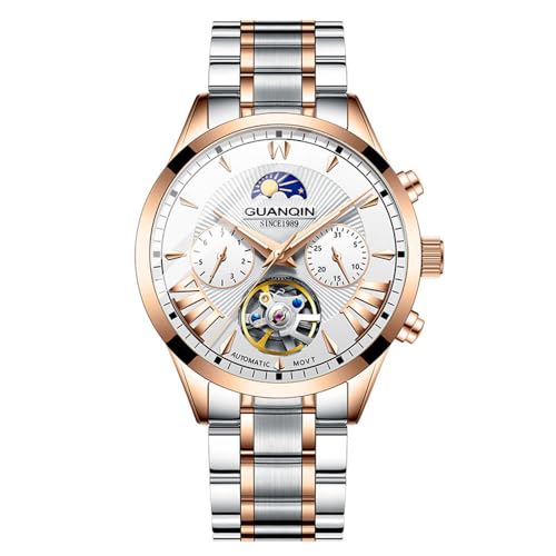Guanqin Montre mécanique multifonction à remontage automatique pour homme - Cristal saphir - Double face creuse - Étanche - Phase de lune - Bracelet en...