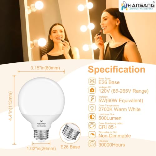 Image of 20 Pack G25 LED Vanity Barthroom Light Bulb 60W Equivalent 2700K Warm White | E26 LED Light Bulbs, CRI85+ Eye-Friendly, Type G Round Light Bulb for Makeup Mirror, 120V, 5W, 500LM No-flicker, Non-Dimmable
