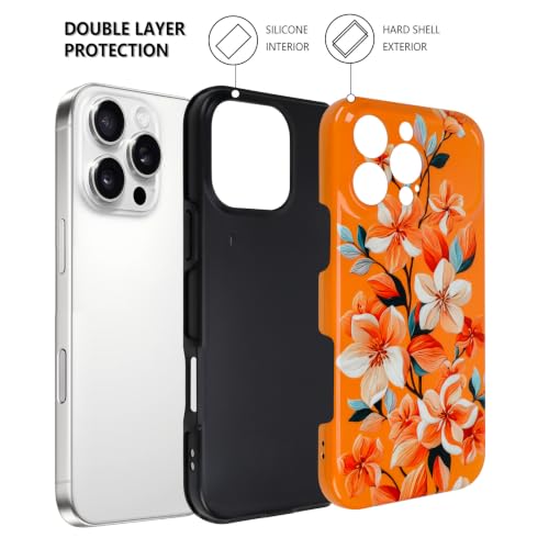 Image of Magnetic for iPhone 16 Pro Max Case for Women Girl, Orange Floral | Stylish Flower Pattern Design [Compatible with MagSafe] [Full Camera Protection] 2-Layer Hybrid Shockproof Glossy Phone Case