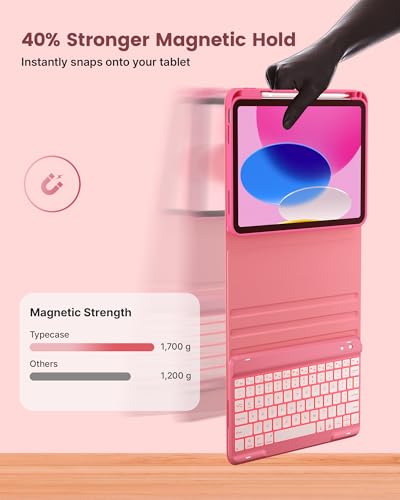 Image of typecase Folio Keyboard Case for iPad 10th Gen 10.9 inch (2022) and iPad 11th (A16, 2025), Magnetic Wireless Detachable Keyboard, 7-Color Backlight, Thin & Light, Pencil Holder - Pink