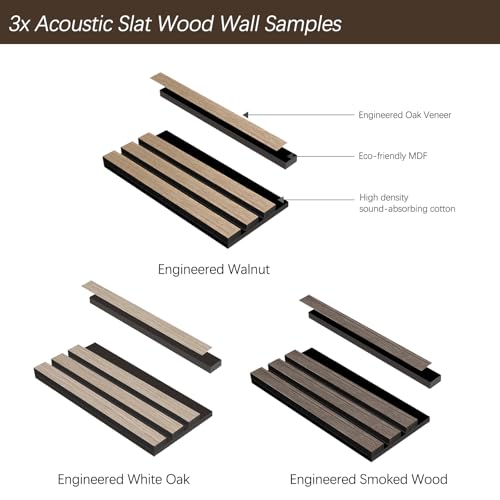 ARMURO Wood Slat Acoustic Panels for Stylish Decor and Noise Reduction, Engineered White Oak/Walnut/Smoked Wood Wrapped Soundproof Wall Panels, Samples Pack - 3PCS