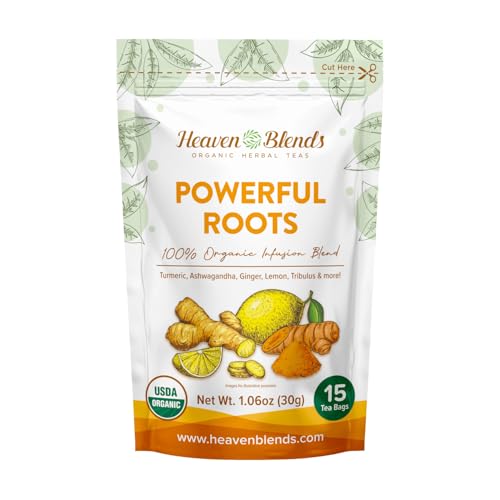 Heaven Blends Powerful Roots Organic Herbal Tea – USDA Organic – Antioxidant Blend with Turmeric, Ginger, Ashwagandha, Cinnamon, Black Pepper & Tribulus Fruit – 15 Caffeine-Free Tea Bags (Small, 15, Count)