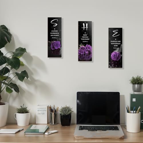 DONFENTHY 3 Pcs Purple Bedroom Decor Rose Wooden Wall Decor Inspirational Farmhouse Office Signs With SHE Bible Words Decor For Women Girl Bedroom Home(Purple 12x4Inch)
