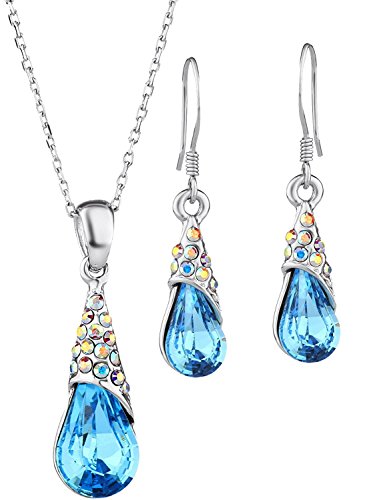 NEOGLORY Blue Waterdrop Pendant Necklace & Earrings Fashion Jewelry Set Crystal Bridesmaid Women Jewelry Embellished with Crystals from Swarovski