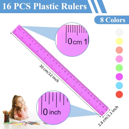 16 Pack Assorted Color Clear Rulers 12 inch, Plastic Ruler Bulks for Classroom, Transparent Metric Rulers for Kids with Inches and Centimeters for School, Home, Office Supplies