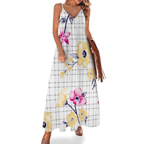 Robe longue fleur jaune pour femme d'été maxi sans manches