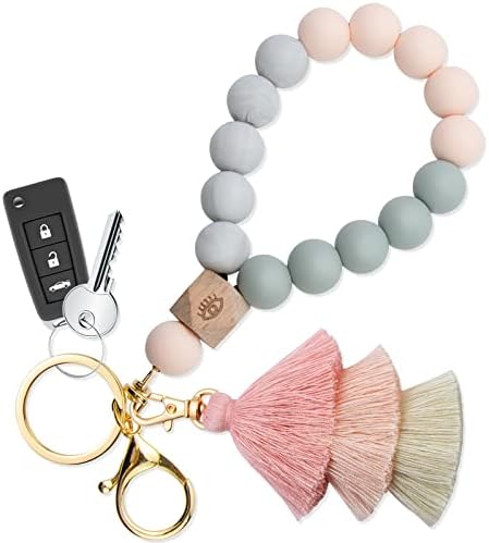 Bisanzoya Beaded Keychain with Tassel, Silicone Key Ring Bracelet, Boho Car Key Chain Wristlet Cute Tassel for Women and Girls (Pink)