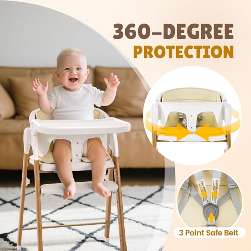 Image of Convertible High Chairs for Babies & Toddlers. 5-in-1 Adjustable High Chair with Removable Tray, Easy to Clean, Portable (Khaki)