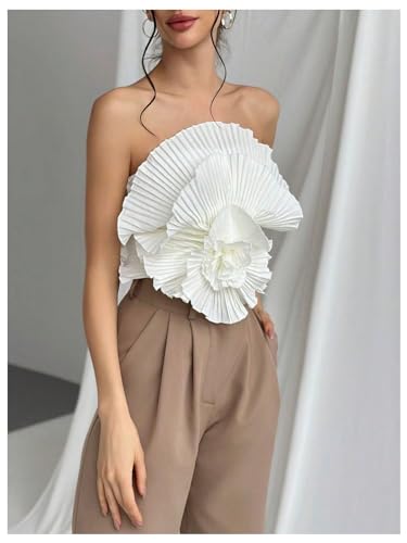 OYOANGLE Women's 3D Flower Decor Strapless Sleeveless Bandeau Top Slim Fit Solid Cropped Tube Tops3