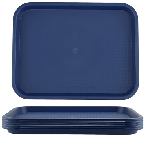ZOENHOU 6 Pack 14 x 10 Inch Plastic Fast Food Tray, Rectangular Cafeteria Trays Food Serving Tray Bulk, Plastic Lunch Trays for Serving Food Home Restaurant Dinning Room Organization, Blue