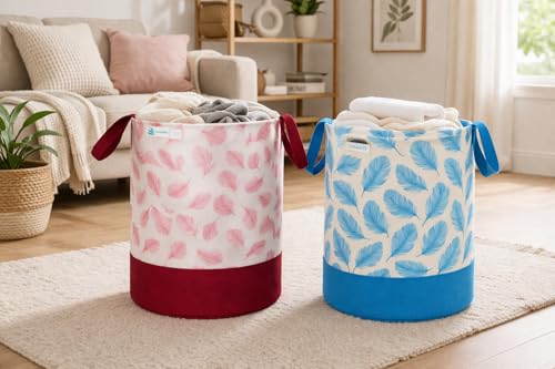 Image of UNICRAFT Leaf Design Laundry Bag 45L | Foldable Fabric Laundry Basket with Handles | Printed Storage Organizer for Clothes, Toys & Home Use (Maroon, Pack of 1)