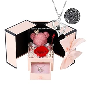 Valentines Day Gifts for Her Cute Preserved Real Red Rose Bear Gifts Box with I Love You Necklace -Eternal Flowers Rose…