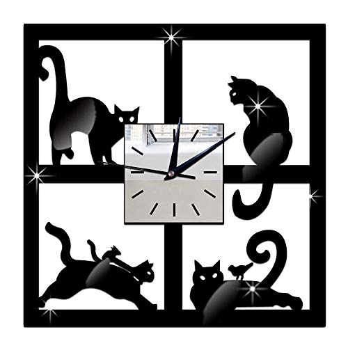 Binchil 3D Unique Miroir de Chat Horloge Murale Noire Design Moderne Accueil Respectueux de...