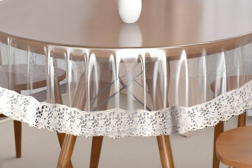 Image of The Furnishing Tree Round Shaped 4 Seater Transparent Table Cover Size 54x54 inches 0.25 mm Thickness with White Lace