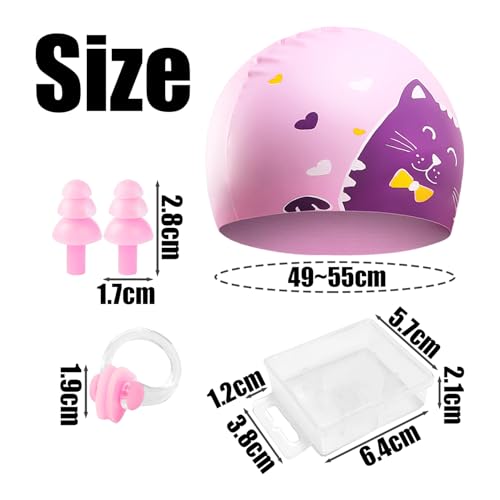 1 -Teilige Rosa Katze Schwimmmütze Mit 1 -Stück -Nasenclip Und 1 Paar Ohrstöpsel, Kinderschwimmkappe, Elastische Schwimmmütze, Schwimmausrüstung.