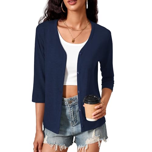 3/4 Sleeve Cardigan for Women Lightweight Button Down Cardigan Knit Shrugs Sweater Tops