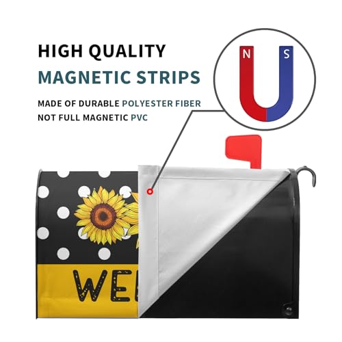 Image of Spring /Summer Sunflower Mailbox Cover - Magnetic Floral Black and White Dot Standard Size 18 X 21 Holiday Mailbox Wrap Post Letter Box Decorative for Home Outdoor Garden