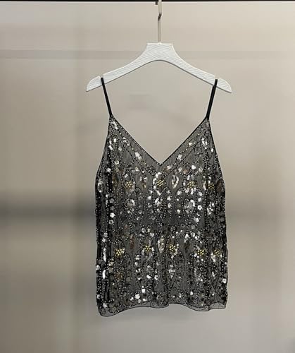 Women V Neck Sequin Cami Top Sexy See Through Strape Camisole Cute Beaded Top Going Out Party Outfits3