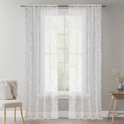 NAKIHOUSE Lace Voile Curtain, 72 Drop Net Curtains Light Filtering Window Treatment Sheer & Drapes Slot Top White Sheer Curtains for Bedroom/Nursery Room 52" x 72", 2 Panels