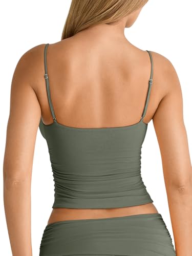 Image of PINKMSTYLE Women's Sexy V Neck Ruched Cami Top Sleeveless Spaghetti Double Layer Fitted Crop Tank Tops