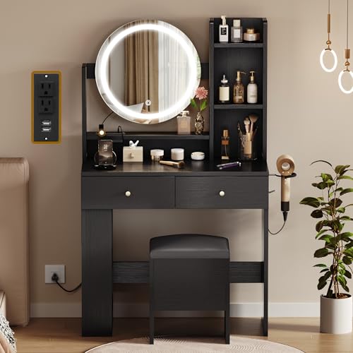 GOOBED Vanity Desk with Mirror and Light, Black Small Vanity Set with Charger Station, Makeup Table with Round Mirror and Adjustable 3 Lighting Modes for Bedroom, Makeup Dressing Desk Chair