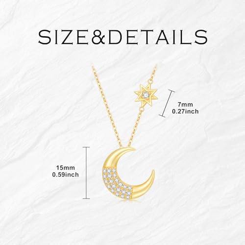 Solid 14K Moon and North Star Necklace for Women, Real Gold Moon Pendant Necklaces with Cubic Zirconia, Mother's Day Birthday Christmas Jewerly Gifts for Mother Grandma, 16"+2" 6
