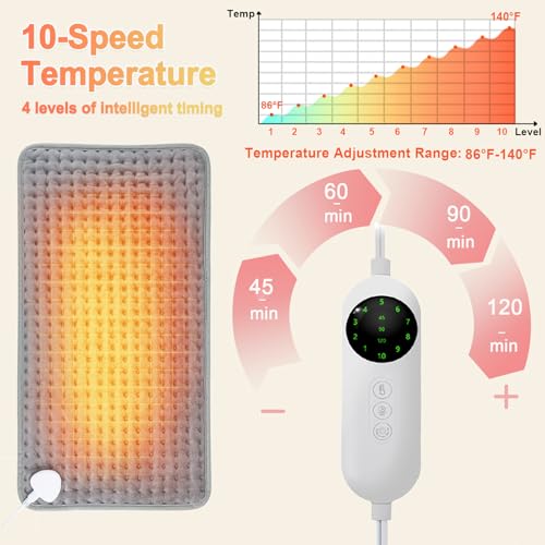 Heating Pad, Electric Heating Pad 24"X12" for Back Neck Shoulder Belly Heating Technology, Ultra-Soft Moist & Dry Therapy Heat Pad with 10 Temperature Settings 3 Timer, Automatic Switch-Off, Grey - Image 6