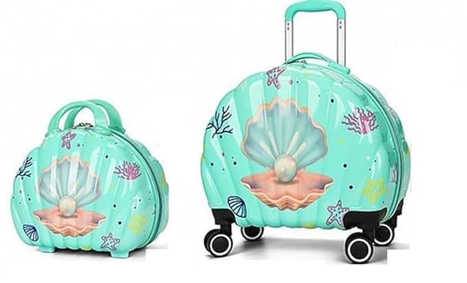 Cute Shell Design Pearl Print Trolley Suitcase+Handbag for Children with Good Capacity with Roller Wheels, pcs-2(Sea Green)-image-4