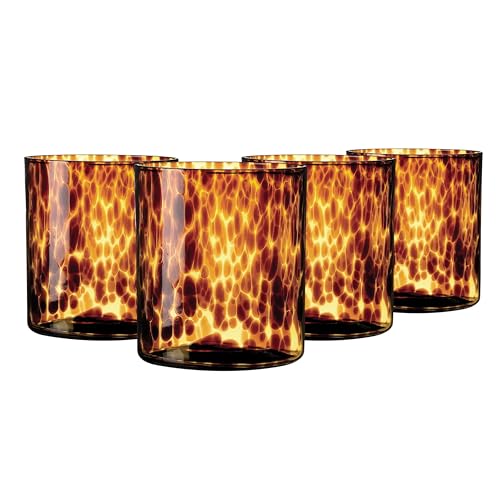 Joseph Sedgh Collection Tortoise Shell DOF Lowball Glass Set of 4 – 10.15 oz Borosilicate Whiskey & Cocktail Glasses – Stylish, Lead-Free, Dishwasher Safe – Gift Box Included