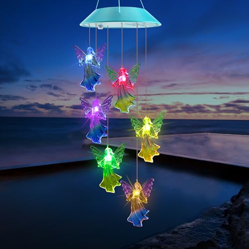 Solar Angel Gift for Mom Girls Color Changing Solar Wind Chimes for Outside Outdoor Decorative Mobile Lights for Garden Yard Patio Window Party Decorations Gift for Women
