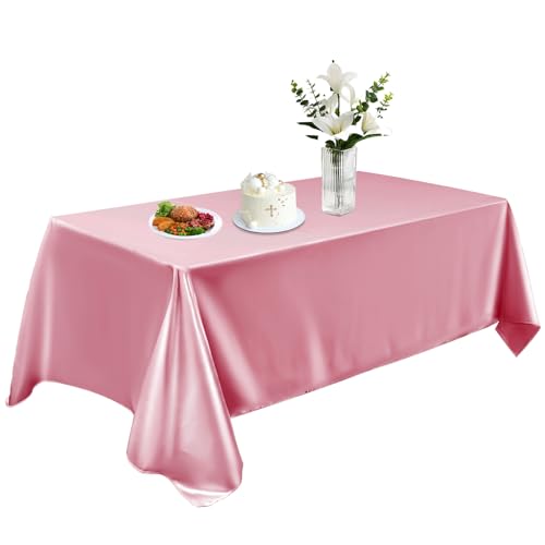 Satin Table Cloth 58x102 Inch, Washable Rectangle Shiny Tablecloth, Smooth Fabric Tablecover Bright Silk Desk Decoration for Dining Kitchen, Party, Wedding, Banquet, Pink
