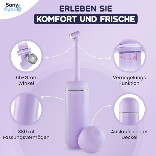 Sany4You | Die moderne Po-Dusche perfekt für unterwegs und zu Hause mit Travel Bag | 380ml | Tragbares Reise Bidet | Wochenbett-Pflege | Portable Bidet (Lila)