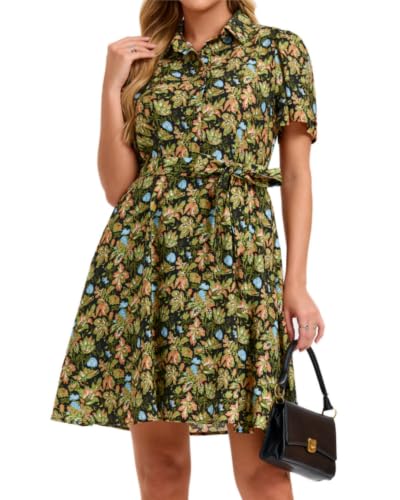 Image of Women Long Sleeve Spring Button Down A-Line Floral Print Summer Cocktail Shirt Dresses with Belt